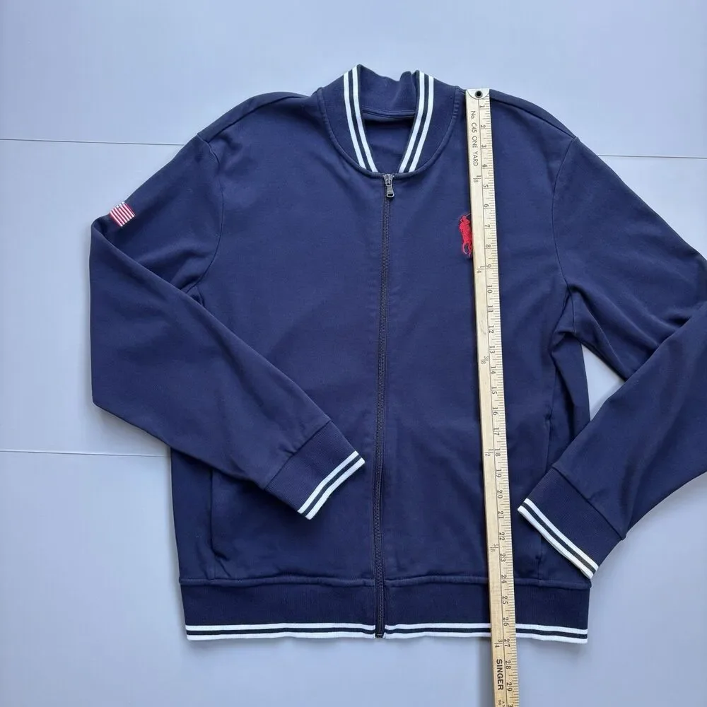 Polo Ralph Lauren Jacket Men Large Navy Track Full Zip USA Flag Pony Preppy